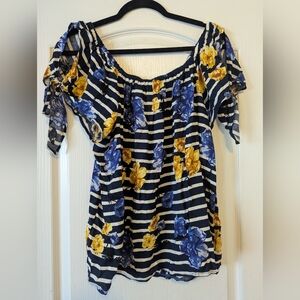 NWT Maurices Blue and Yellow Floral Striped Blouse